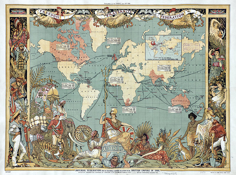 This 1866 map of Britain and its colonies illustrates not only the extent of its empire but also the symbolism associated with colonization. Indigenous people are dressed in 'savage' garb or burdened by labor while the colonizers are depicted as bringers of freedom and fraternity.