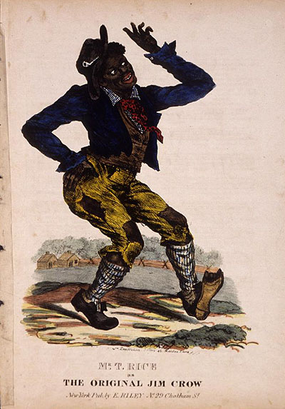 The term 'Jim Crow' orginated from black-faced minstrels who preformed various songs and acts for the amusment of white audiences. This image is a racist protrayal of black Americans that has been deliberately exaggerated for comedic appeal.