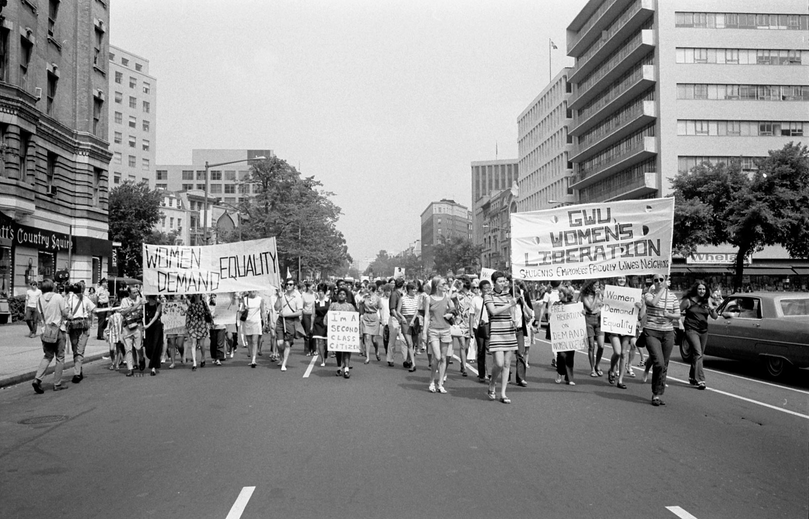 Protest during second-wave feminism, 1970. Although this movement was not as inclusive as later feminist movements, it did push forward policy which changed women's rights in the workplace, marriage, and academic environments.