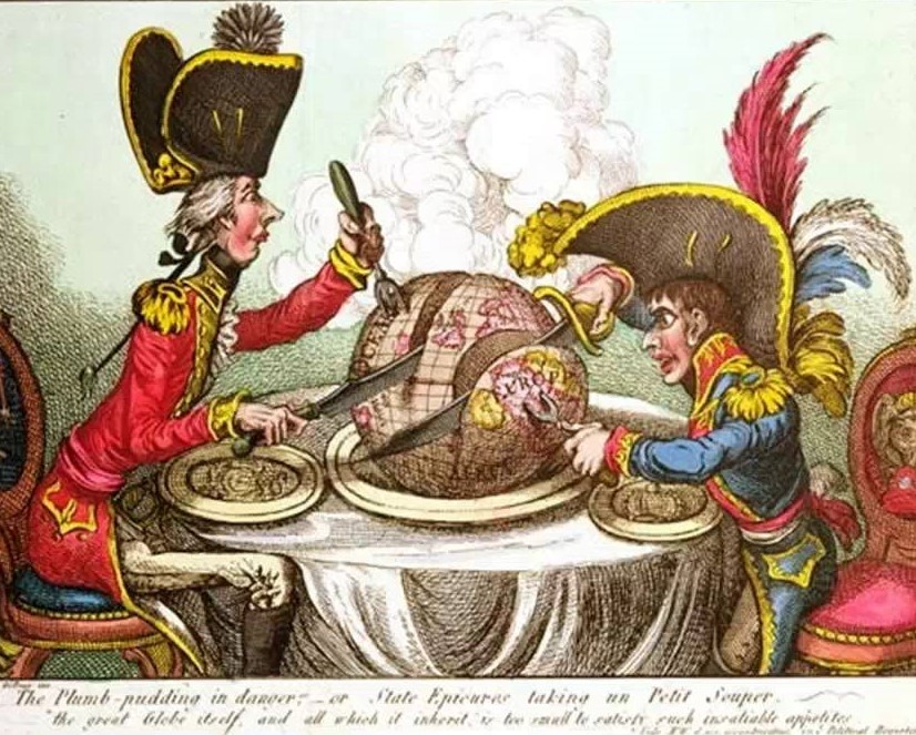 _1805_ England and France 'carve' pieces of the globe to serve themselves. These types of cartoons depict a clear image of Eurocentric behavior in history. Most displays of Eurocentrism are not so easily noticed. **Click the 'source' link for an informative video on Eurocentrism's development**.
