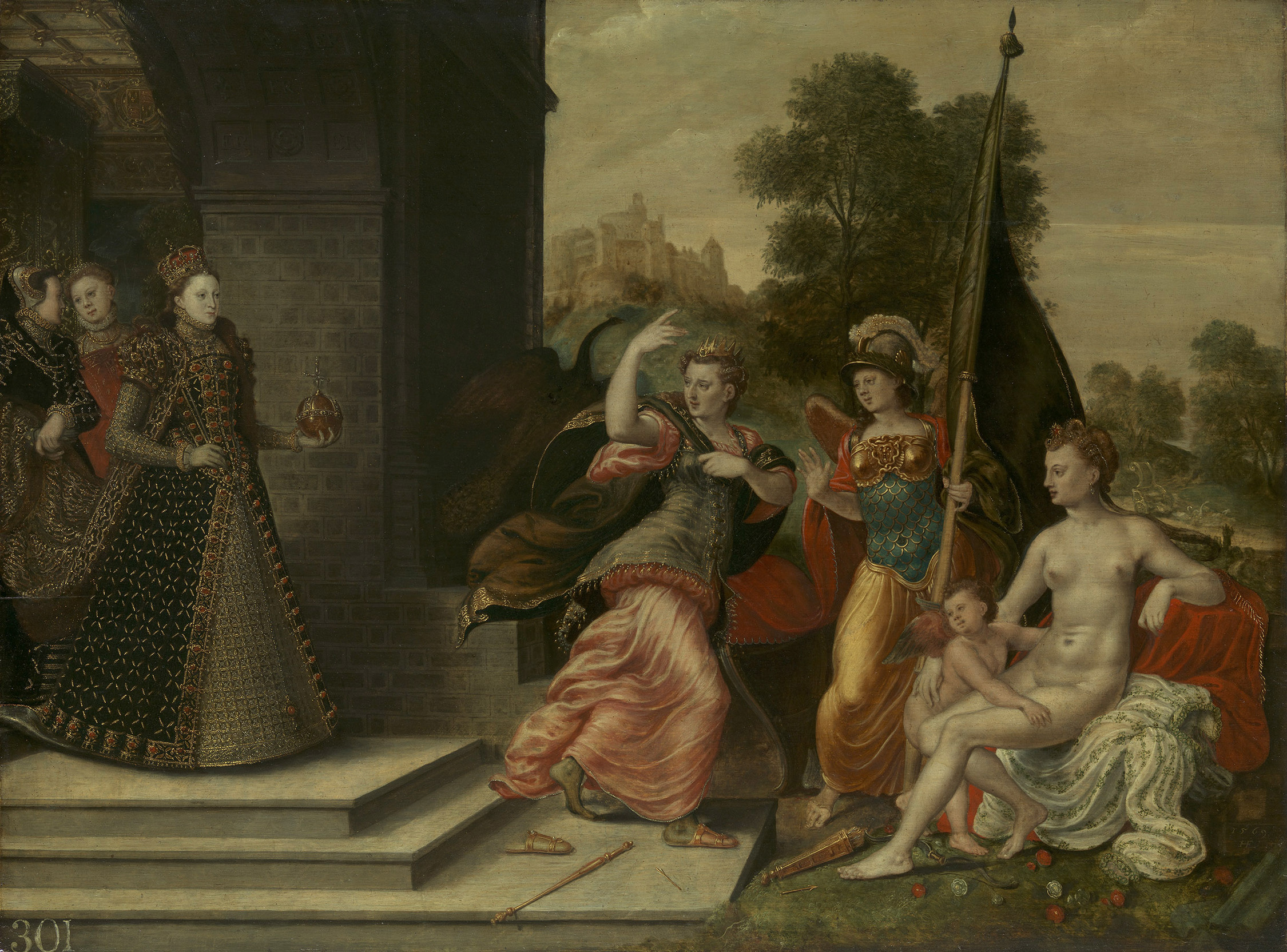 Elizabeth I and the Three Goddesses 1569. Painted by Hans Eworth. The only known portrait of Elizabeth wearing gloves, she takes on the role of Paris from 'the Judgement of Paris'. She is surveying three goddesses, and choosing to keep the golden apple for herself. In the original story, Paris chooses Venus, at far right, as the winner. This painting belonged to Elizabeth herself. On the frame, an incription: 'Pallas was keen of brain, Juno was queen of might, / The rosy face of Venus was in beauty shining bright, / Elizabeth then came, And, overwhelmed, Queen Juno took flight: / Pallas was silenced: Venus blushed for shame'.