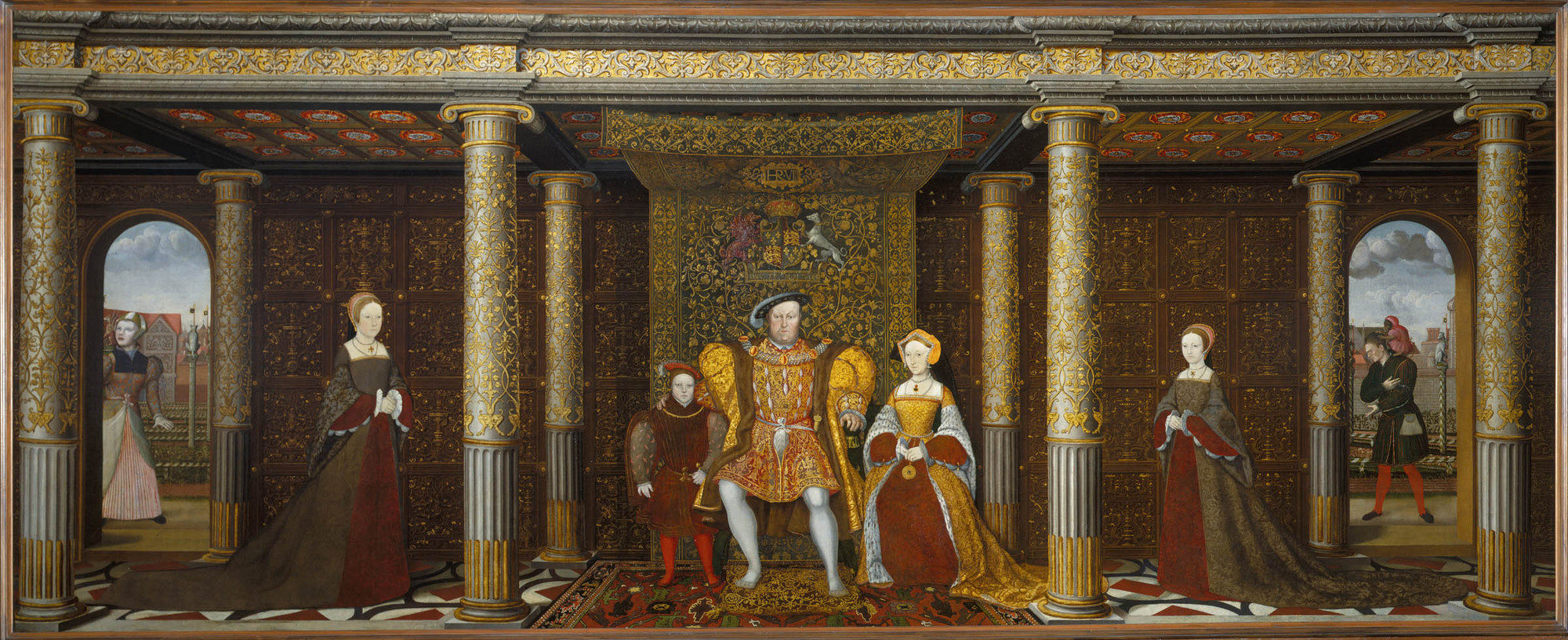 The Family of Henry VIII c. 1545, British School. This is the dynastic portrait of King Henry VIII. There are four monarchs of England in this image. From left to right: Princess Mary, Henry's first daughter, later Mary I, Prince Edward, later Edward VI, Henry VIII, Jane Seymour, Henry's third wife and Edward's mother, and finally, Princess Elizabeth, later Elizabeth I.