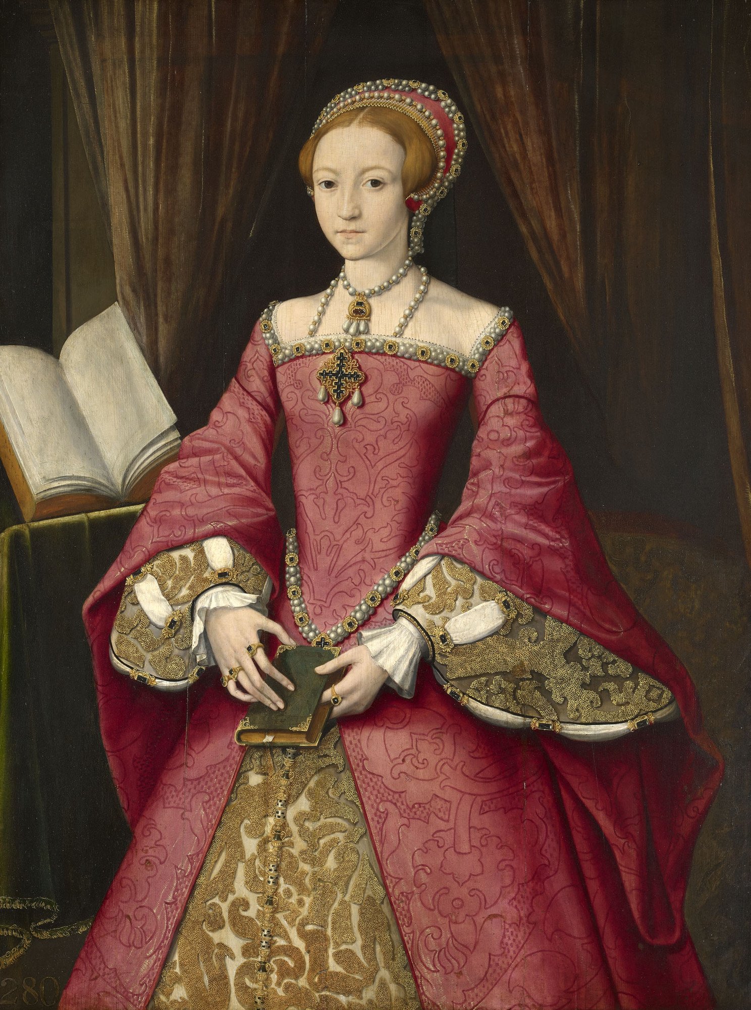 Elizabeth I when a Princess c.1546, attributed to William Scrots. Most likely painted for her father, King Henry VIII, it was also owned by her brother, King Edward VI. The quality of her fabric is a political statement, indicating that she has been reestablished in the line of royal succession by her father. It is possibly a pair to a portait of her brother.