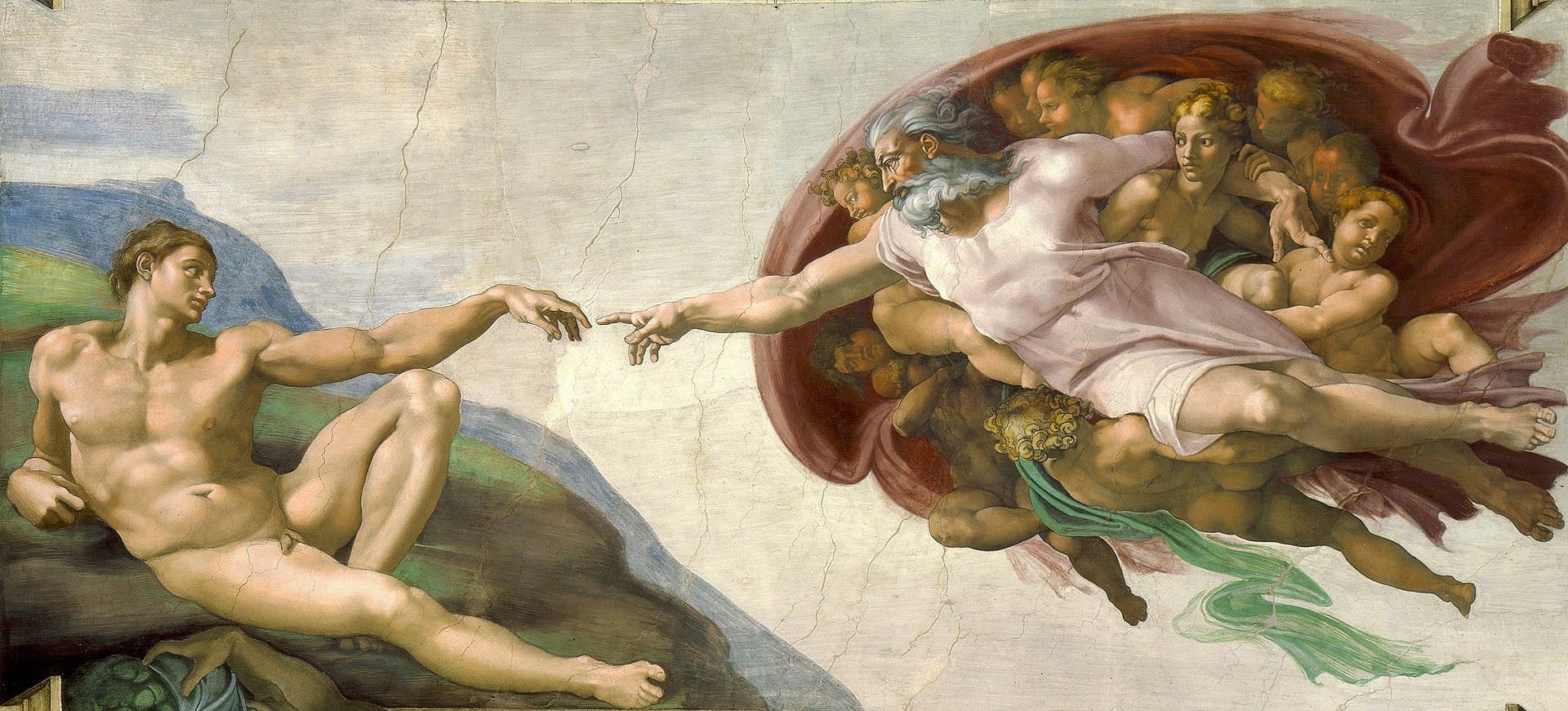 Michelangelo's _Creation of Adam_, on the ceiling of the Sistine Chapel, is a representation of the Christian creation myth.