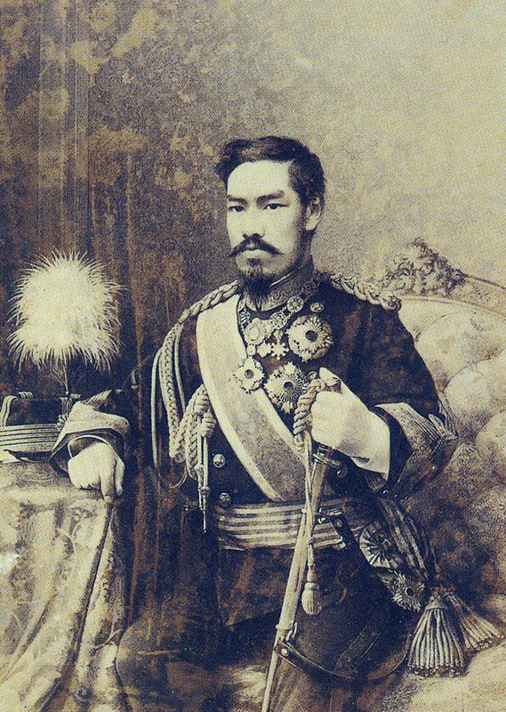 A 1888 portrait of the Meiji Emperor. His full embrace of Western national identity are made clear not only by his wardrobe, but by his commissioning a European artist, Edoardo Chiossone, for the work.